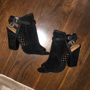 Black suede open toed chunky heels